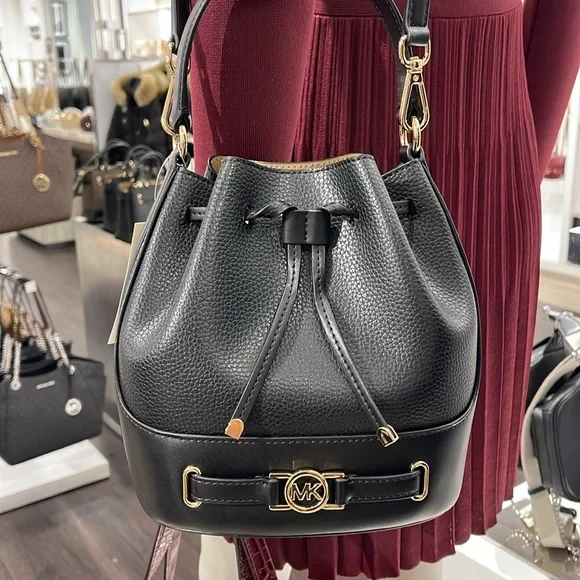 MICHAEL KORS 
Reed Medium Pebbled Leather Bucket Bag Satchel Crossbody 
Black - Picture 9 of 16